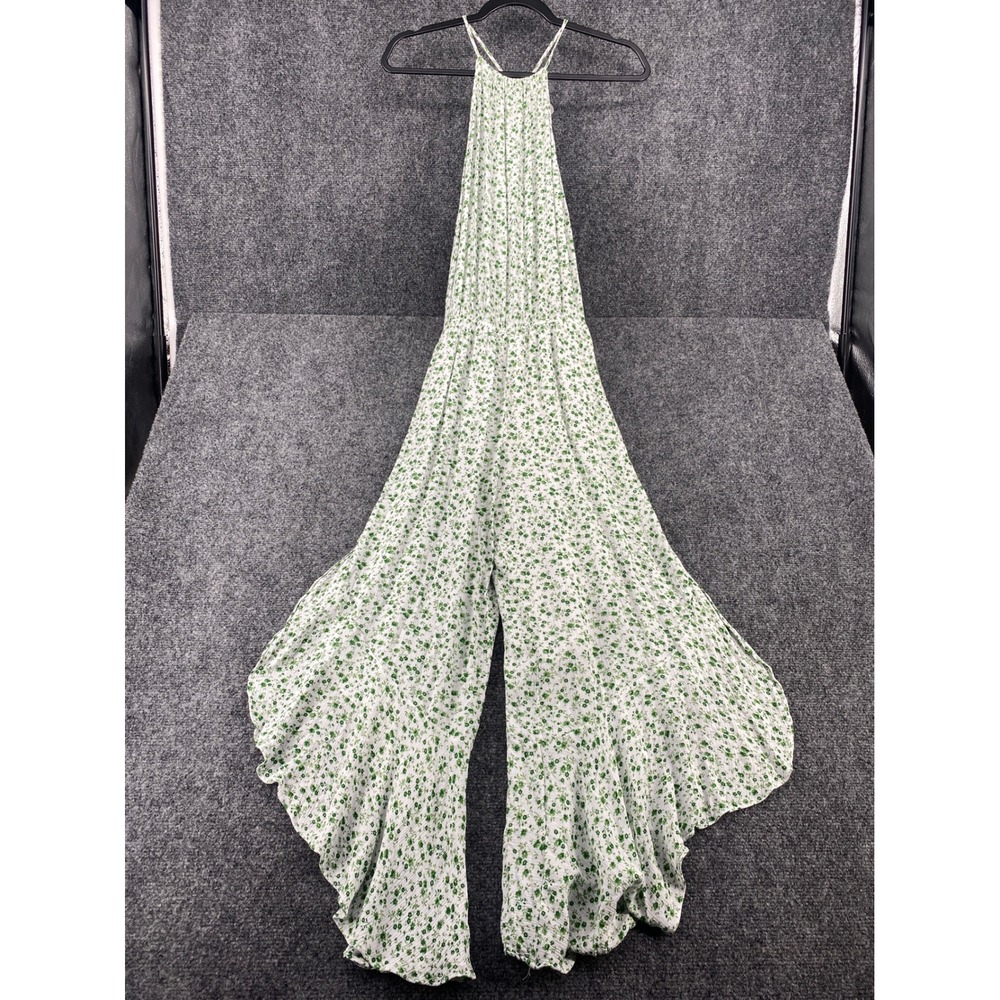 Olivaceous Floral Halter Jumpsuit Womens Medium Green White Wide Leg Ruffle Hem